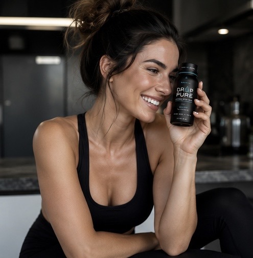 Athletic woman holding DROP PURE peptide bottle in a modern dark gym